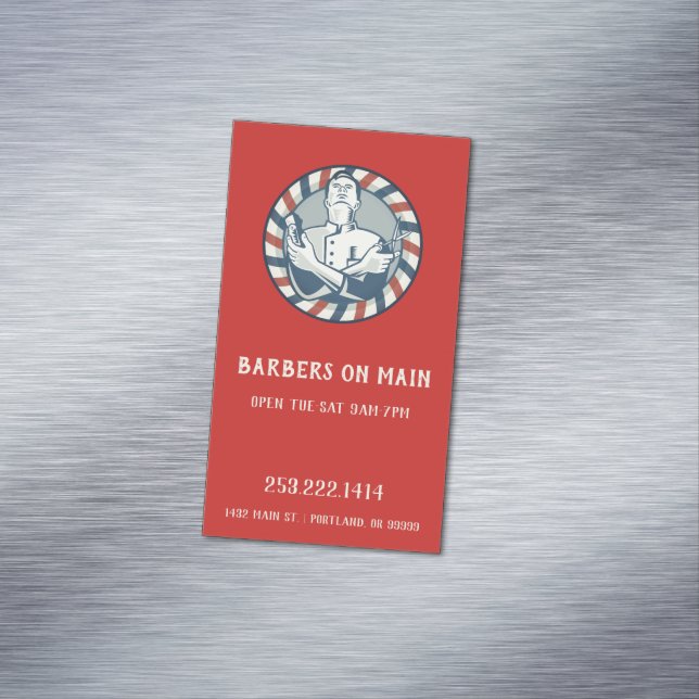 Retro Barber Abzeichen Vertikal Business Card Magn Magnetische Visitenkarte (Beispiel)