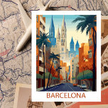 Retro Barcelona Vintage Travel Illustration<br><div class="desc">Erleben Sie die lebendige Energie Barcelonas durch unsere Vintage Illustrations-Postkarte. Mit unserem Kunstwerk können Sie die Sehenswürdigkeiten, die belebten Straßen und die bunten Baustile der Stadt bewundern. Mit nostalgischer Note in die Vergangenheit lädt diese Postkarte Sie ein, die bezaubernde Mischung aus Geschichte und Moderne zu entdecken, die den Charme Barcelonas...</div>