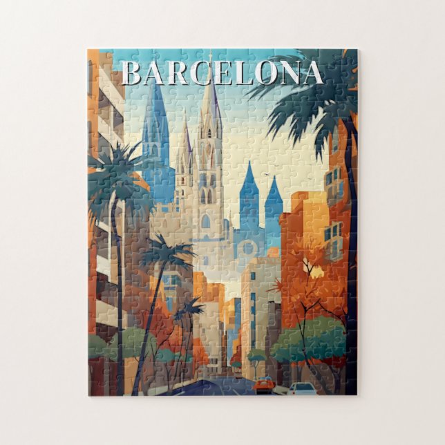 Retro Barcelona Vintage Travel Illustration Puzzle (Vertikal)