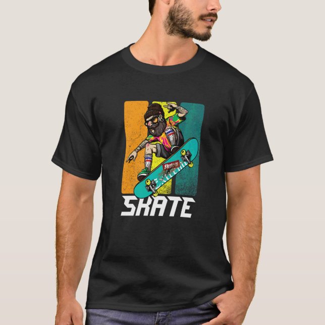 Retro bärtiger Skateboarder Hipster Longboard Skat T-Shirt (Vorderseite)