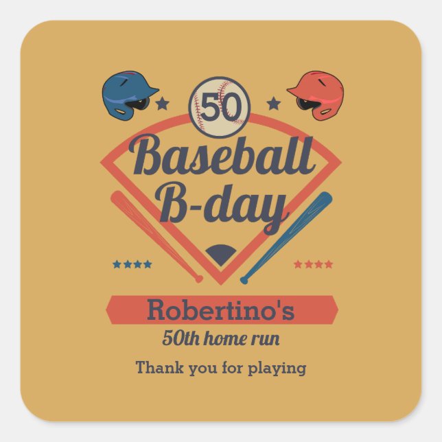 Retro Baseball B-Day Men's 50th Birthday Quadratischer Aufkleber (Vorderseite)