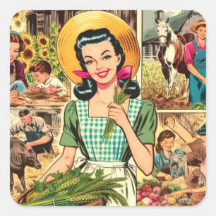 Retro-Bauer-Frau-Comics Quadratischer Aufkleber