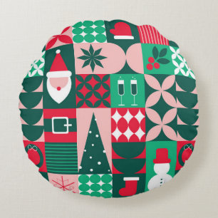Retro Bauhaus Weihnachts-Patchwork Rot Grün Rundes Kissen