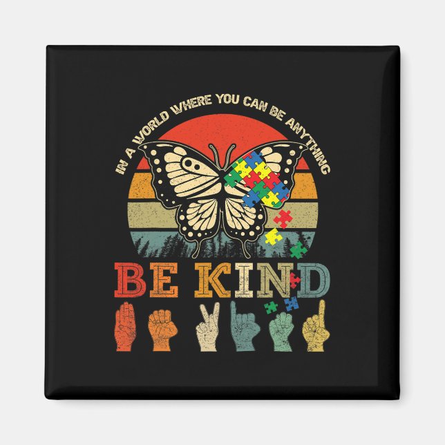 Retro Be Kind Puzzle Butterfly ASL Lehrer Autismus Magnet (Vorne)