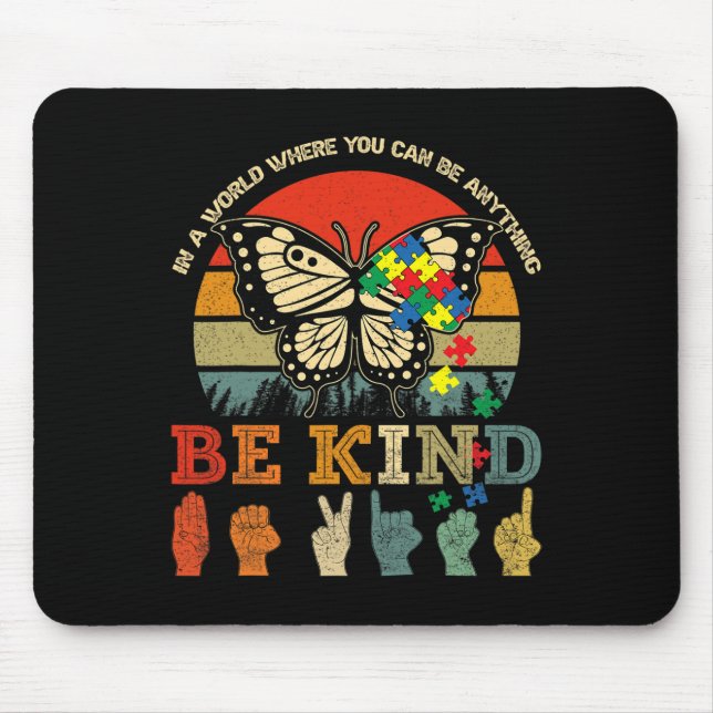 Retro Be Kind Puzzle Butterfly ASL Lehrer Autismus Mousepad (Vorne)