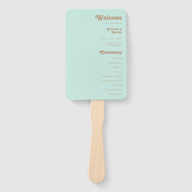 Retro Beach | Aqua Wedding Program Hand Fan Fächer (Vorderseite)