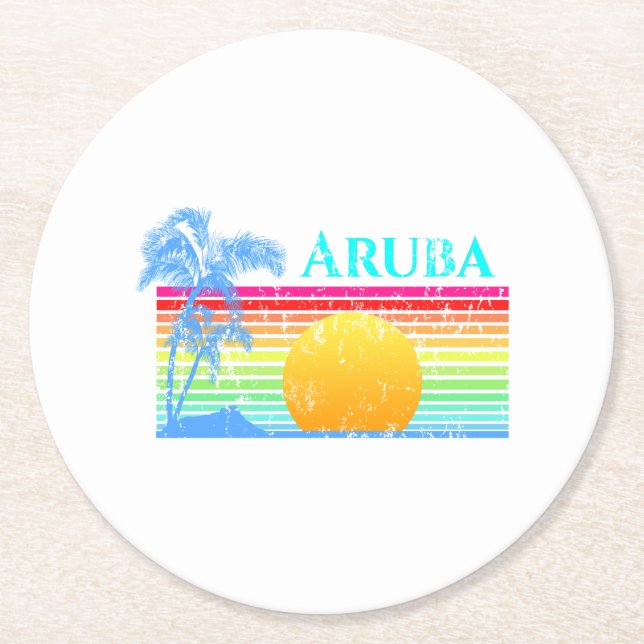 Retro Beach Aruba Sonnenuntergang Runder Pappuntersetzer (Vorderseite)