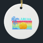 Retro Beach Aruba Sunset Keramik Ornament<br><div class="desc">Ein klassisches Retro-Stranddesign mit Sonnenuntergang im Ozean und Palmen für die Aruba Inseln. Ein phantastisches Geschenk für jeden karibischen Urlaub.</div>