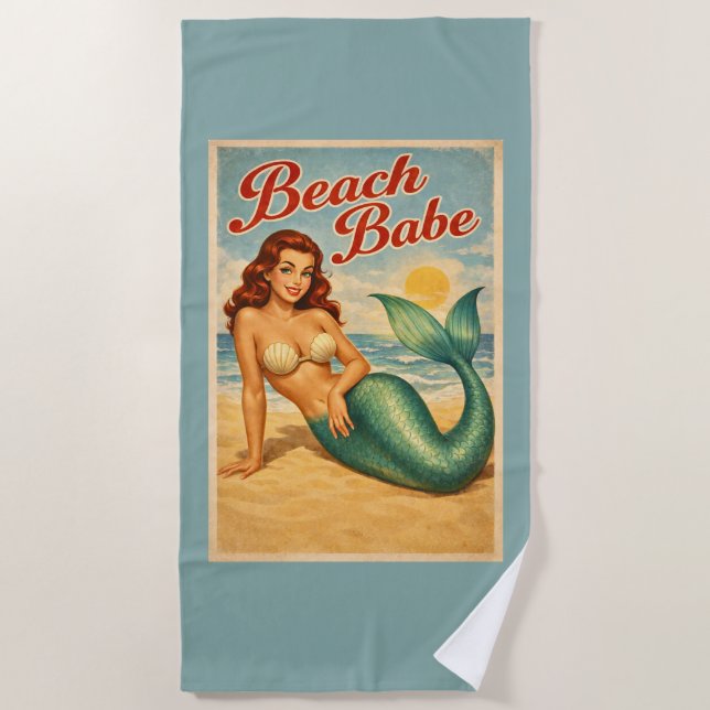 Retro Beach Babe Pin-Up Mermaid | Teal Mermaidcore Strandtuch (Vorderseite)