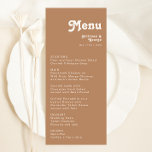 Retro Beach | Brown Wedding Dinner Menu Menükarte<br><div class="desc">Dieser Retro-Strand | Braun Hochzeitsmenü ist perfekt für Ihre Vintage, farbenfrohe tropische Hochzeitsfeier. Sein einzigartiger böhmischer Schriftart aus der Mitte des Jahrhunderts verleiht diesem Design eine klassisch minimalistische Hippie-Atmosphäre. Nehmen wir an, Sie suchen ein Design, das helle, rustikale Farben für den Küstenmeer für Ihre kreative Strandhochzeit in den 70er Jahren...</div>