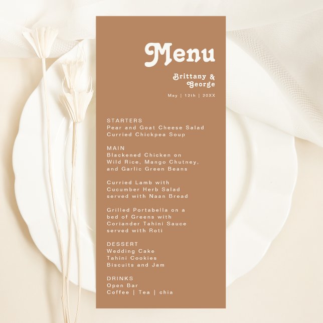 Retro Beach | Brown Wedding Dinner Menu Menükarte (Von Creator hochgeladen)