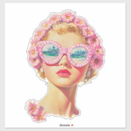 Retro Beach Girl mit Blumenbrille Aufkleber