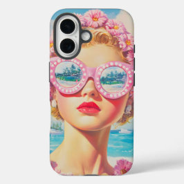 Retro Beach Girl mit Blumenbrille iPhone 16 Hülle