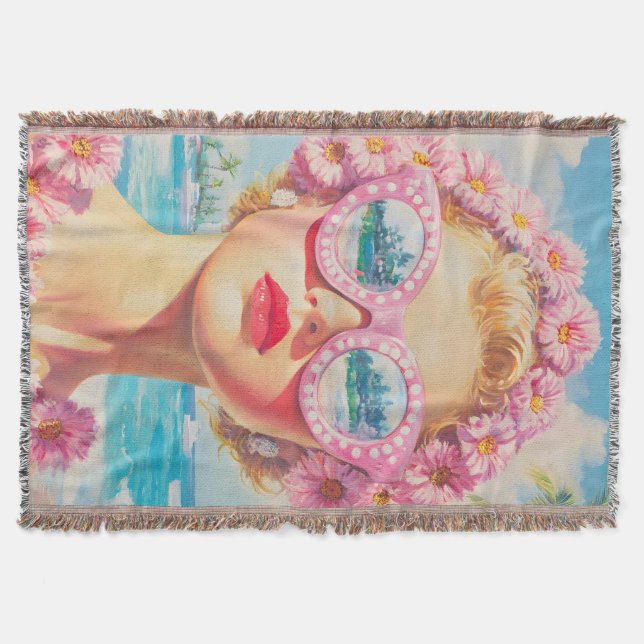 Retro Beach Girl mit Blumenbrille Decke (Vorderseite)