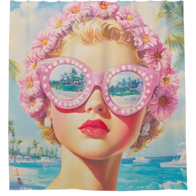 Retro Beach Girl mit Blumenbrille Duschvorhang (Vorderseite)