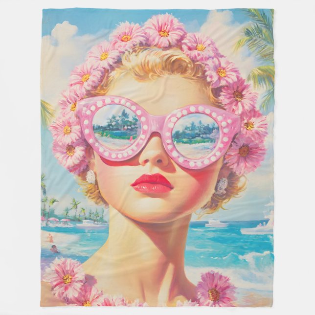 Retro Beach Girl mit Blumenbrille Fleecedecke (Vorderseite)