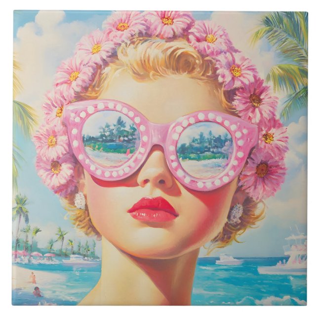 Retro Beach Girl mit Blumenbrille Fliese (Vorderseite)