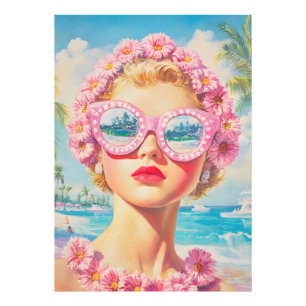 Retro Beach Girl mit Blumenbrille Fotodruck