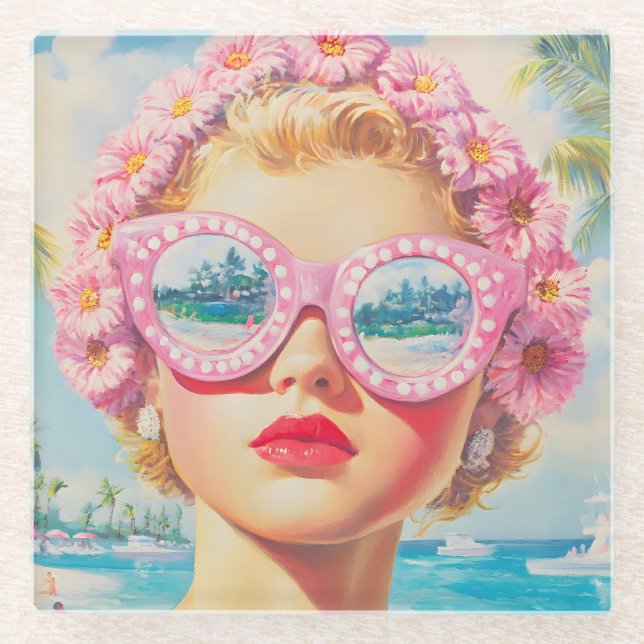 Retro Beach Girl mit Blumenbrille Glasuntersetzer (Vorderseite)
