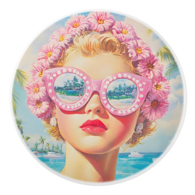 Retro Beach Girl mit Blumenbrille Keramikknauf (Vorderseite)