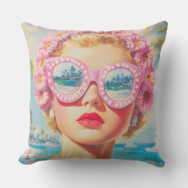 Retro Beach Girl mit Blumenbrille Kissen (Vorderseite)