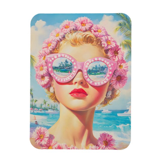 Retro Beach Girl mit Blumenbrille Magnet (Vertikal)