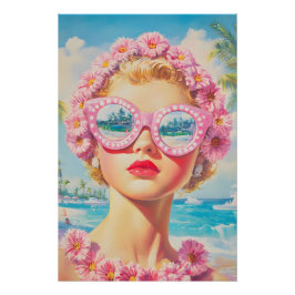 Retro Beach Girl mit Blumenbrille Poster