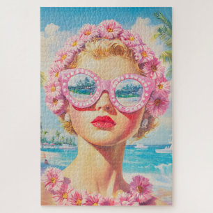 Retro Beach Girl mit Blumenbrille Puzzle