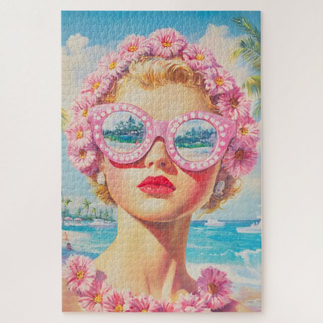 Retro Beach Girl mit Blumenbrille Puzzle (Vertikal)