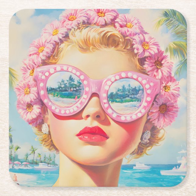 Retro Beach Girl mit Blumenbrille Rechteckiger Pappuntersetzer (Vorderseite)