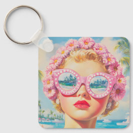 Retro Beach Girl mit Blumenbrille Schlüsselanhänger