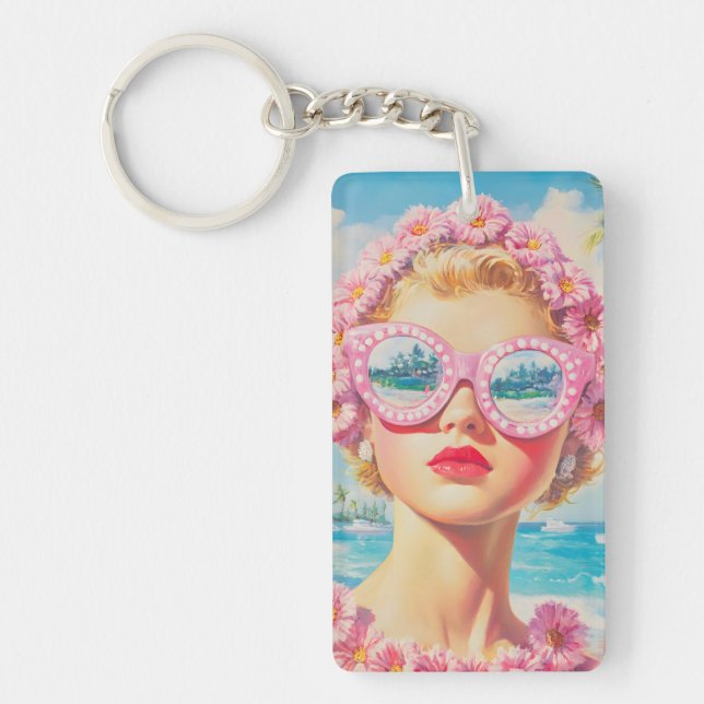 Retro Beach Girl mit Blumenbrille Schlüsselanhänger (Vorderseite)