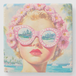Retro Beach Girl mit Blumenbrille Steinuntersetzer