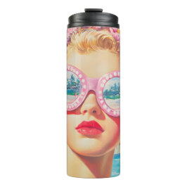 Retro Beach Girl mit Blumenbrille Thermosbecher