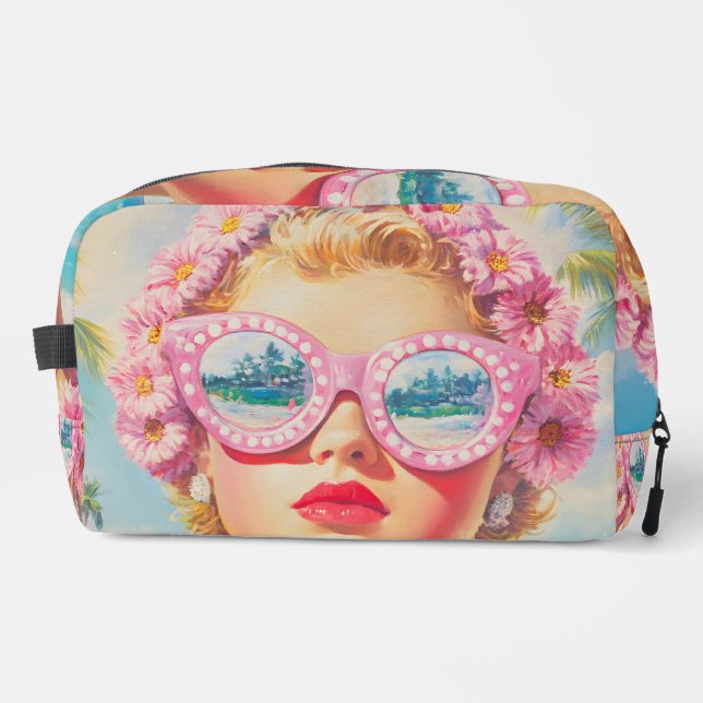 Retro Beach Girl mit Blumenbrille Waschbeutel (Vorderseite)