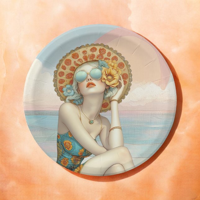 Retro Beach Glam Stilvolle Frau in Sonnenbrille Pappteller (Von Creator hochgeladen)