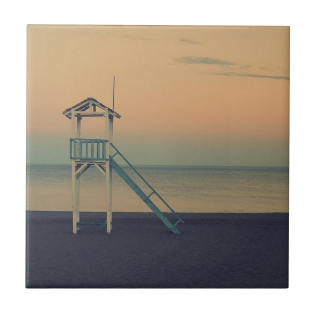 Retro Beach Lifeguard Tower Sunset Fliese (Vorderseite)