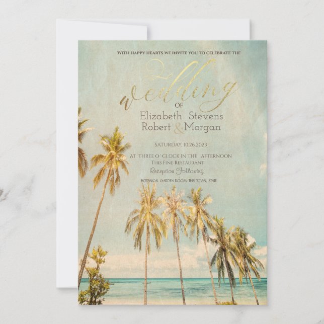 Retro Beach Palms Hochzeit Einladung (Vorderseite)