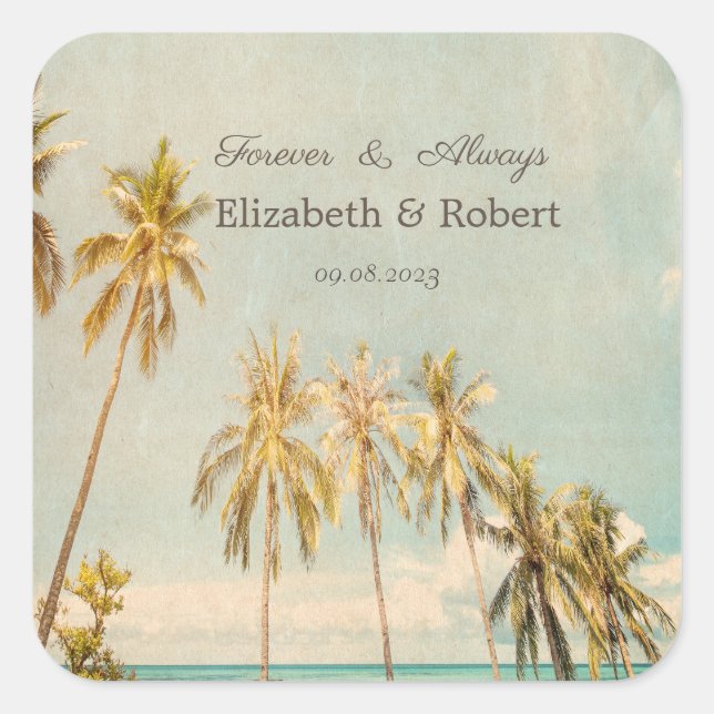 Retro Beach Palms Quadratischer Aufkleber (Vorderseite)