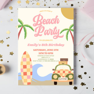 Retro Beach Party Surfboard Rosa Geburtstagsparty Einladung