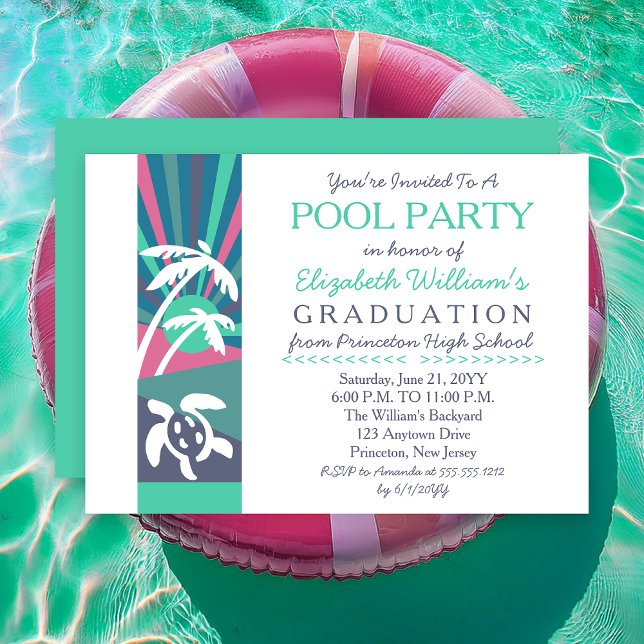 Retro Beach Sunset Abschluss Pool Party Einladung (Retro Beach Sunset Graduation Pool Party Invitation - Print | Digital Download)