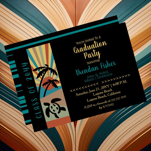 Retro Beach Sunset Scene Graduation Party Einladung (Retro Beach Sunset Scene Graduation Party Invitation -- Print | Download)