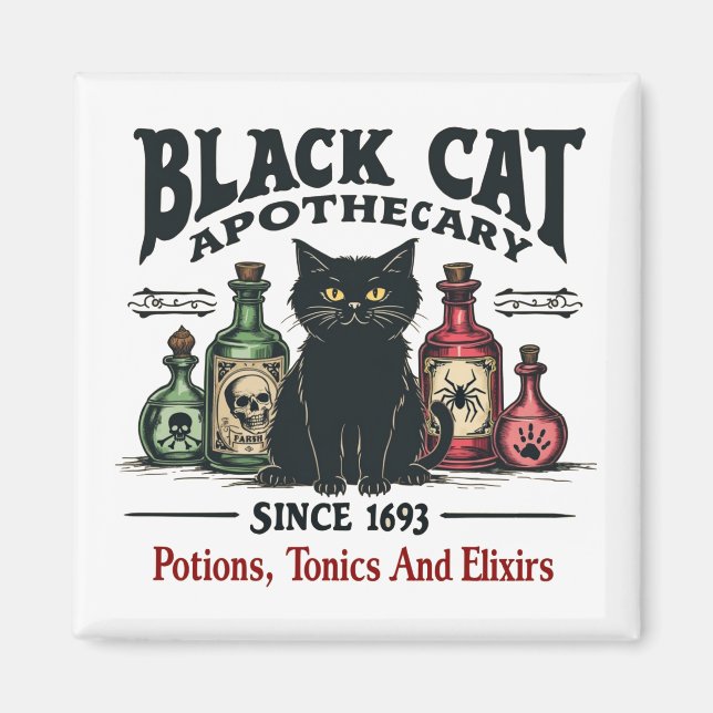 Retro Beängstigend Black Cat Apothecary Witchy Wic Magnet (Vorne)