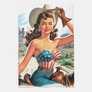 Retro Beautiful Cowgirl Button Up Geschirrtuch