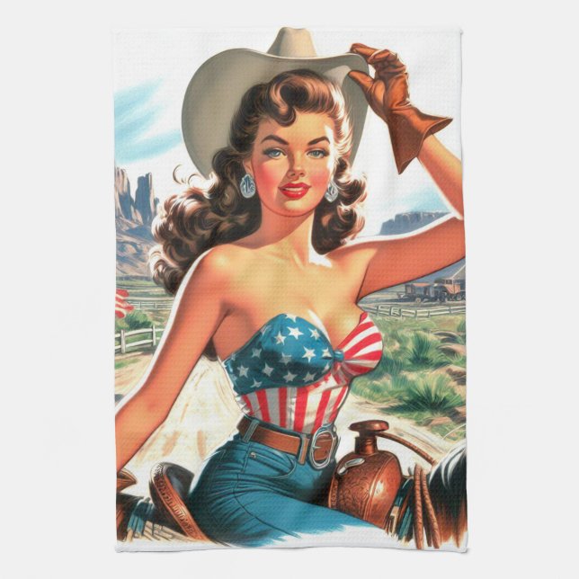 Retro Beautiful Cowgirl Button Up Geschirrtuch (Vertikal)