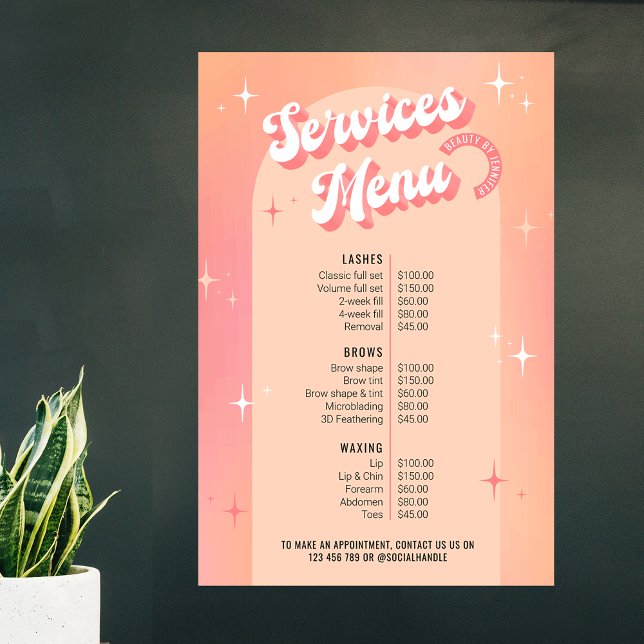 Retro Beauty Salon Peach & Pink Preisliste Poster (Retro groovy business price list design in pastel peach and pink hues)