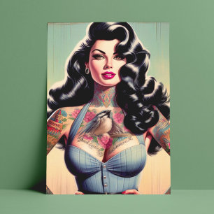 Retro Beauty Tattooot Button hoch Postkarte