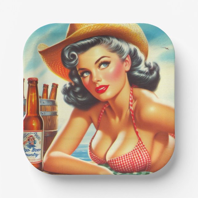 Retro Beer Country Girl Pappteller (Vorderseite)