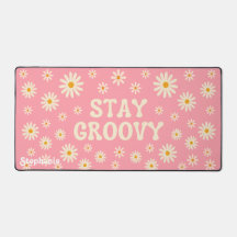 Retro Beige Daisies Bleibe Groovy Pink Script Name