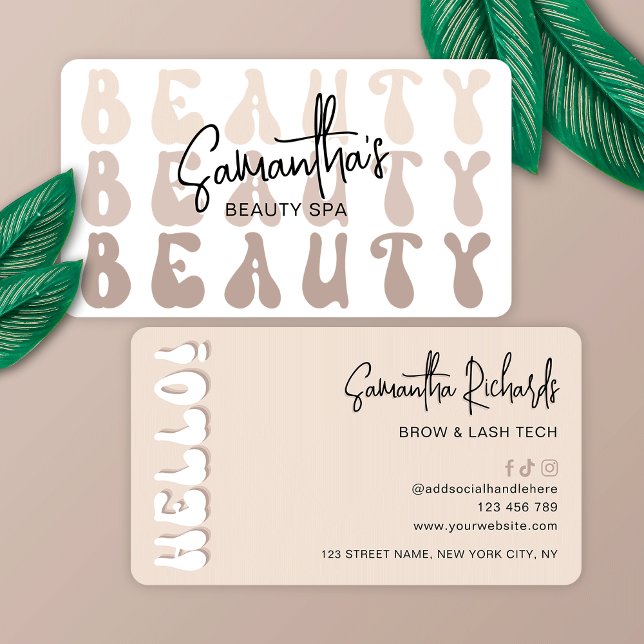 Retro Beige Moderne Girly Lash Beauty Salon oder W Visitenkarte (Embrace the retro charm with this trendy beige beauty business card design)